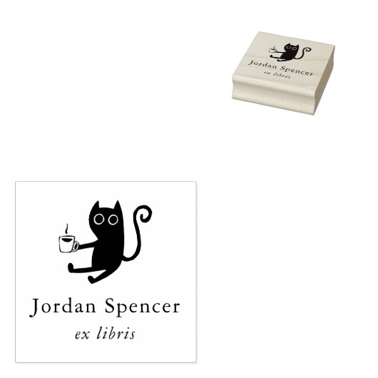 Kat & Koffie Ex Libris Bibliotheek Boekplaat Rubberstempel (Gestempeld)