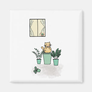 Kat Koffievenster Planten Planten Groen Magneet