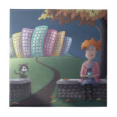 Kat Lady in het park Ceramic Tile Tegeltje (Voorkant)