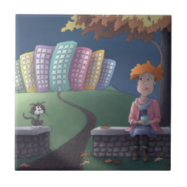Kat Lady in het park Ceramic Tile Tegeltje
