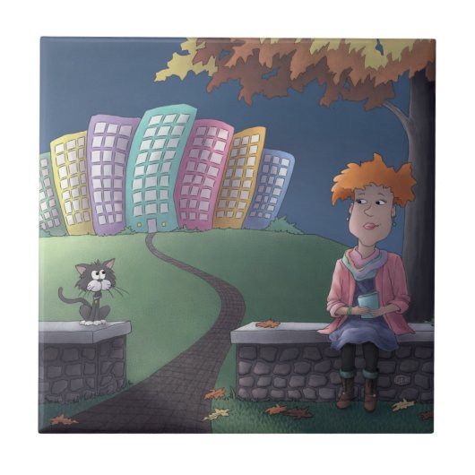 Kat Lady in het park Ceramic Tile Tegeltje (Voorkant)