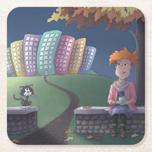 Kat Lady in het park Square Paper Onderzetter (Voorkant)