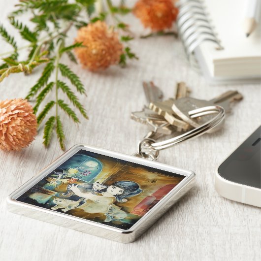 Kat Lady Silk Art schilderen Sleutelhanger (Zijkant)