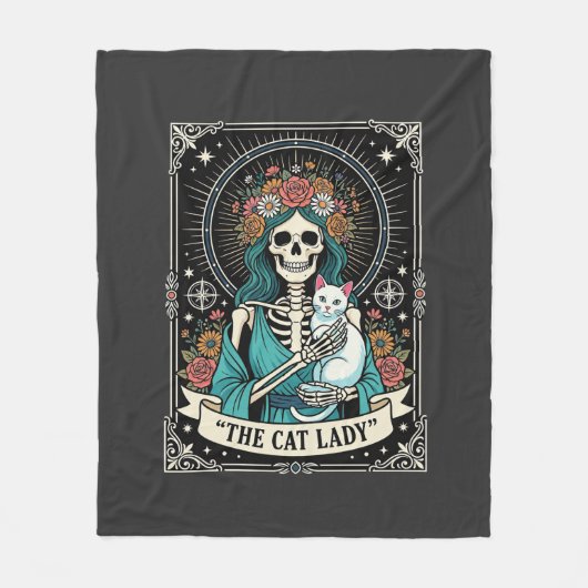 Kat Lady Skelet Tarot Bloem Gothic Fleece Deken (Voorkant)
