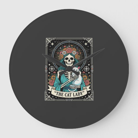 Kat Lady Skelet Tarot Bloem Gothic Grote Klok (Voorkant)