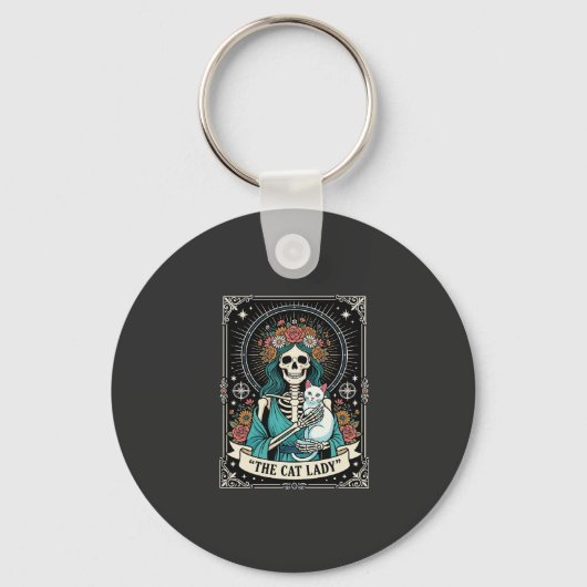 Kat Lady Skelet Tarot Bloem Gothic Sleutelhanger (Voorkant)