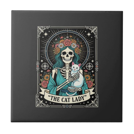 Kat Lady Skelet Tarot Bloem Gothic Tegeltje (Voorkant)