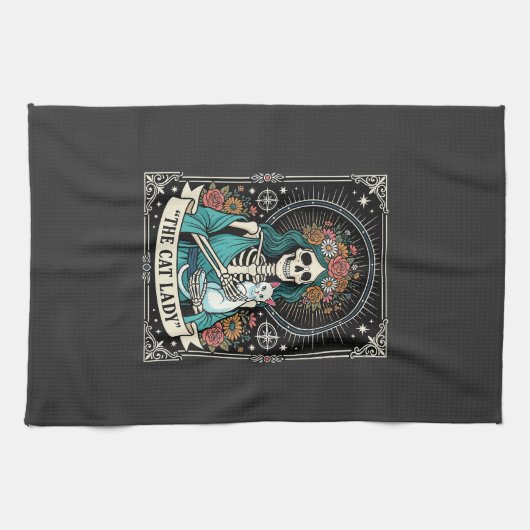 Kat Lady Skelet Tarot Bloem Gothic Theedoek (Horizontaal)