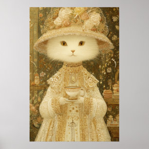 Kat Lady Snow – Victoriaanse kat met theekopje Poster