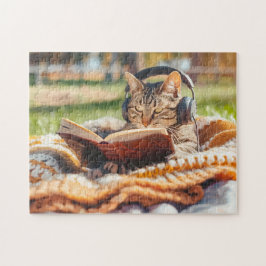 Kat leest boek op gebreide deken legpuzzel
