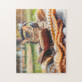 Kat leest boek op gebreide deken legpuzzel (Verticaal)