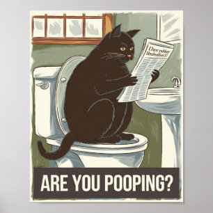 Kat leest krant op toilet - Poep je? Poster