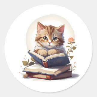 Kat lezen boek ronde sticker