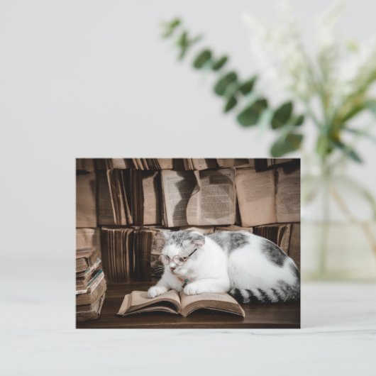 Kat lezen in Bril Postcrossing Briefkaart (Staand voorkant)