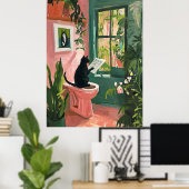 Kat lezen krant - Cool badkamer Poster (Thuiskantoor)