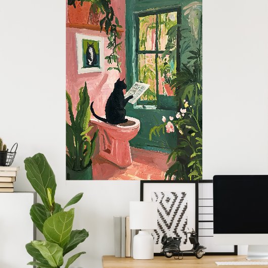 Kat lezen krant - Cool badkamer Poster (Thuiskantoor)