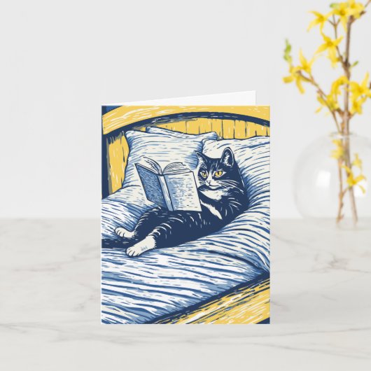 kat lezend in bed kaart (Gele Bloem)