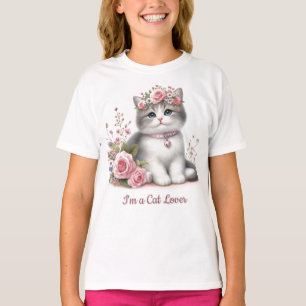 Kat Liefhebber Grijs Kitten Roze Rozen T-shirt