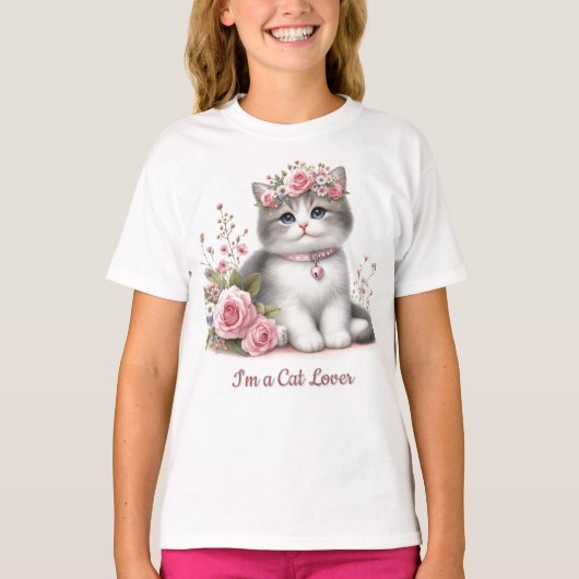 Kat Liefhebber Grijs Kitten Roze Rozen T-shirt (Voorkant)