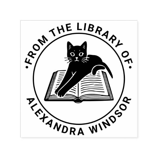 Kat Liggend op Open Boek - Bibliotheek Boek Naam Zelfinktende Stempel (Design)