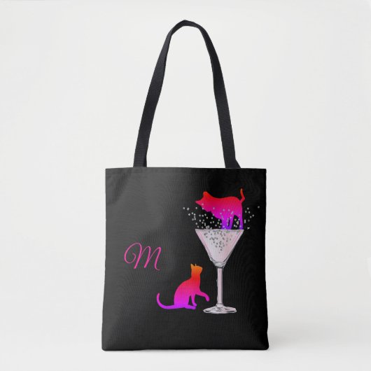 Kat Lover Black Cocktail Pink Modern Monogram Tote Bag (Voorkant)