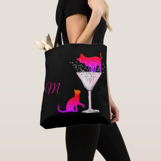 Kat Lover Black Cocktail Pink Modern Monogram Tote Bag (Dichtbij)