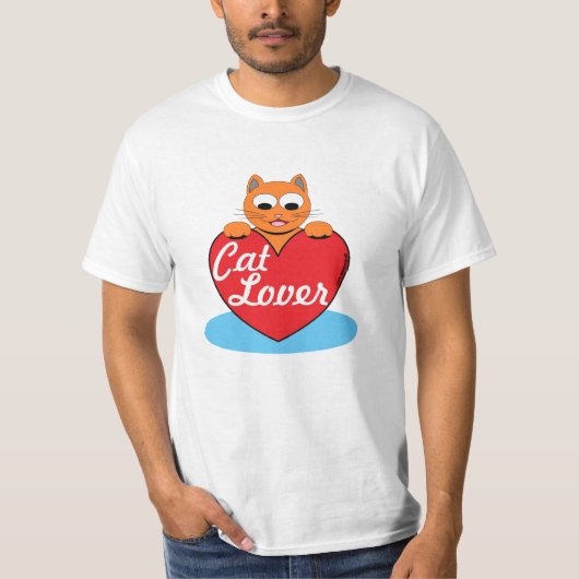 Kat Lover Oranje Cartoon Kat met rood hart T-shirt (Voorkant)