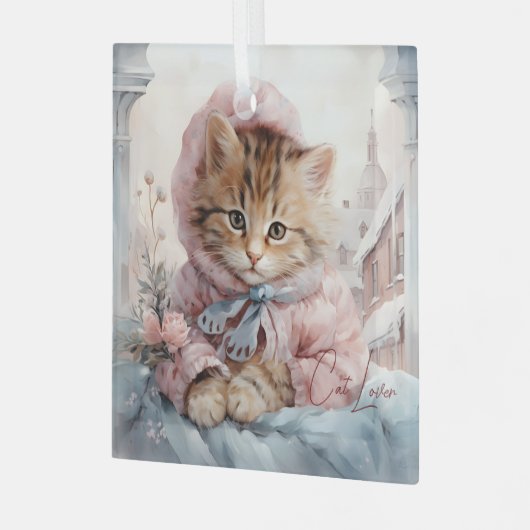 Kat Lover Tabby Kat Gekleed In Roze En Blauw Glas Ornament (Voorkant links)