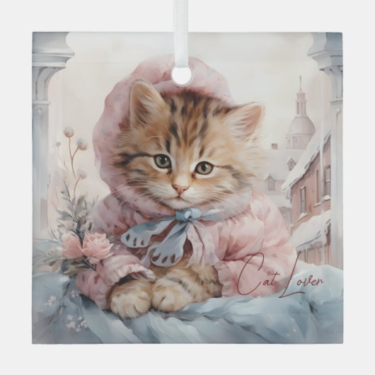 Kat Lover Tabby Kat Gekleed In Roze En Blauw Glas Ornament (Voorkant)