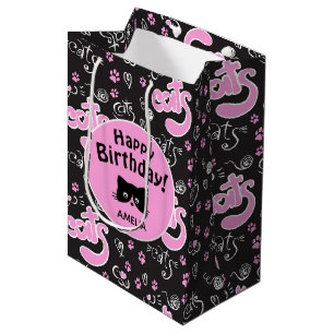 Kat Lovers Pink and Black Persoonlijke verjaardag Medium Cadeauzakje