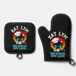 Kat Lym Sarcastic Chef Cat - Bon Appetit Now Leave Ovenwant & Pannenlap Set
