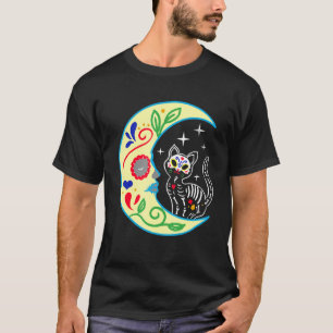 Kat Maan Suiker Schedel Dia de Los Muertos Dag van T-shirt