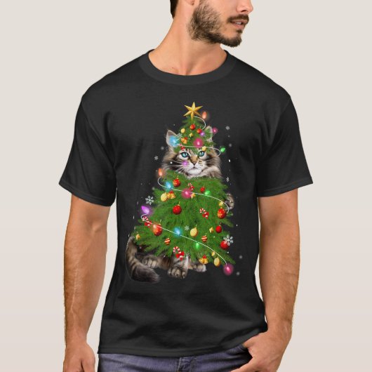 Kat Maine Coon met kerstboomklep Vakkelende kat X T-shirt (Voorkant)
