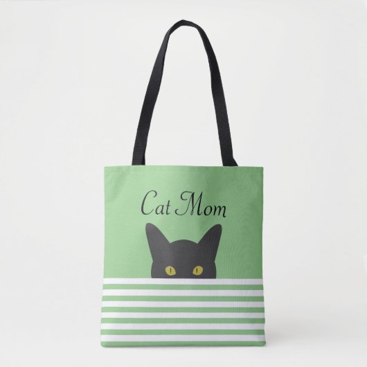 Kat Mam Peeking Zwart Kat Groene Streep Schouder Tote Bag (Voorkant)