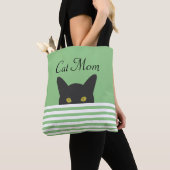 Kat Mam Peeking Zwart Kat Groene Streep Schouder Tote Bag (Dichtbij)