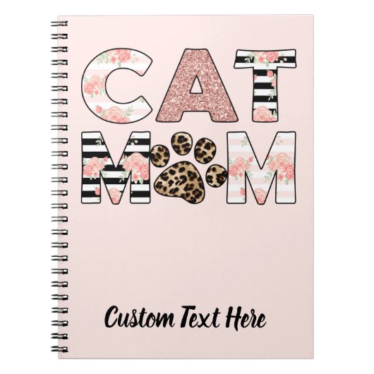 Kat mam Roze Floral en luipaard Paw Notitieboek (Voorkant)