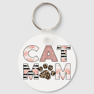 Kat mam Roze Floral en luipaard Paw Sleutelhanger