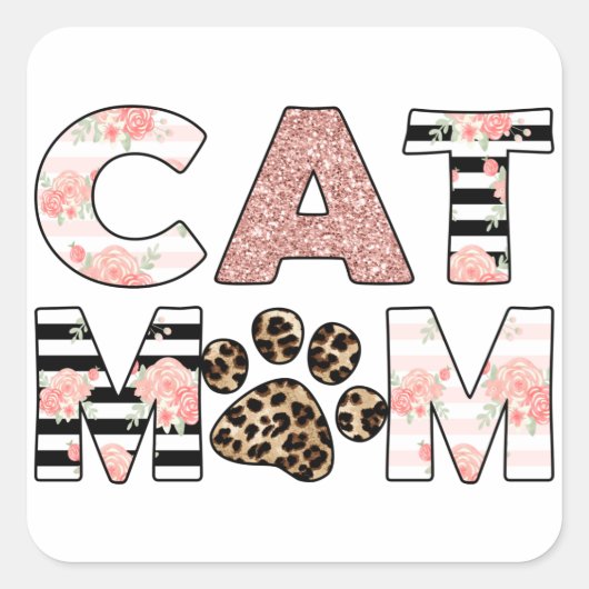 Kat mam Roze Floral en luipaard Paw Vierkante Sticker (Voorkant)