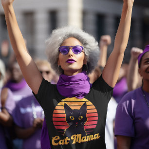 Kat Mama Retro Zonsondergang Silhouet van een Zwar T-shirt