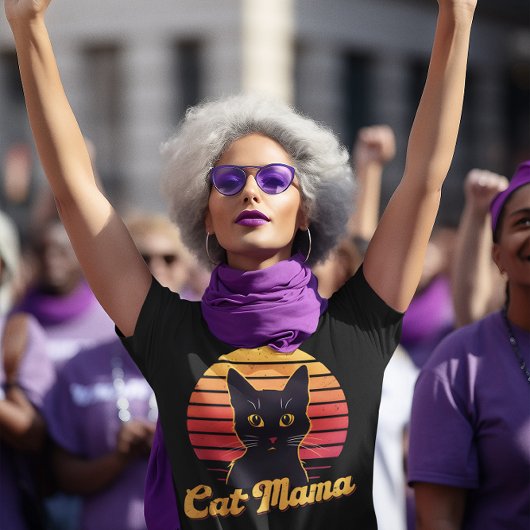 Kat Mama Retro Zonsondergang Silhouet van een Zwar T-shirt