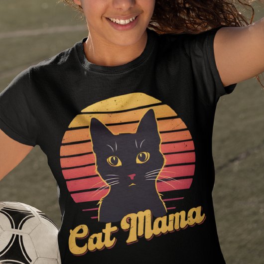 Kat Mama Retro Zonsondergang Silhouet van een Zwar T-shirt