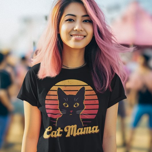 Kat Mama Retro Zonsondergang Silhouet van een Zwar T-shirt