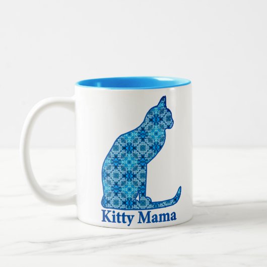 Kat mama zit in Denim Blue Pattern Tweekleurige Koffiemok (Links)