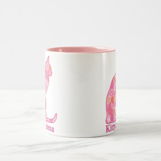 Kat mama zit in een roze fractaal patroon tweekleurige koffiemok (Center)