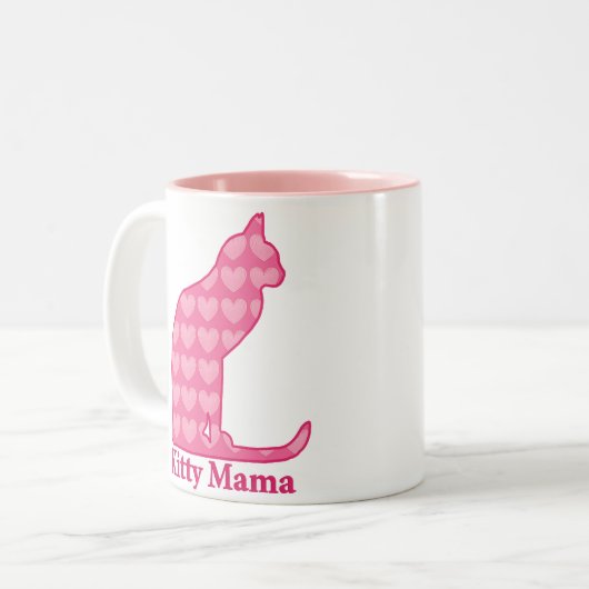 Kat mama Zittingskat in Fuchsia Pink Hearts Tweekleurige Koffiemok (Voorkant links)