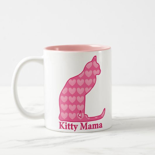 Kat mama Zittingskat in Fuchsia Pink Hearts Tweekleurige Koffiemok (Links)