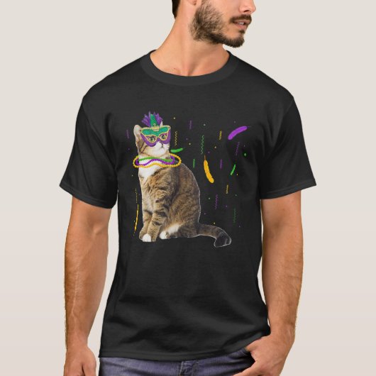 Kat Mardi Gras Funny Cat Lover Mask and Beads Carn T-shirt (Voorkant)