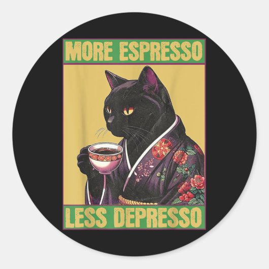 Kat Meer Espresso Minder Depresso Ronde Sticker (Voorkant)