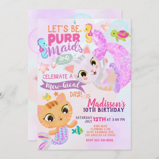 Kat Meermin Purrmaids Verjaardagsuitnodiging Kaart (Voorkant / Achterkant)