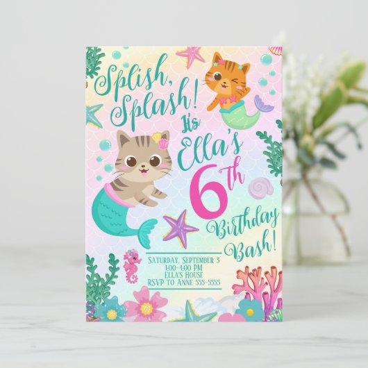 Kat Meeuwmeisje Verjaardagsfeest Kaart (Staand voorkant)